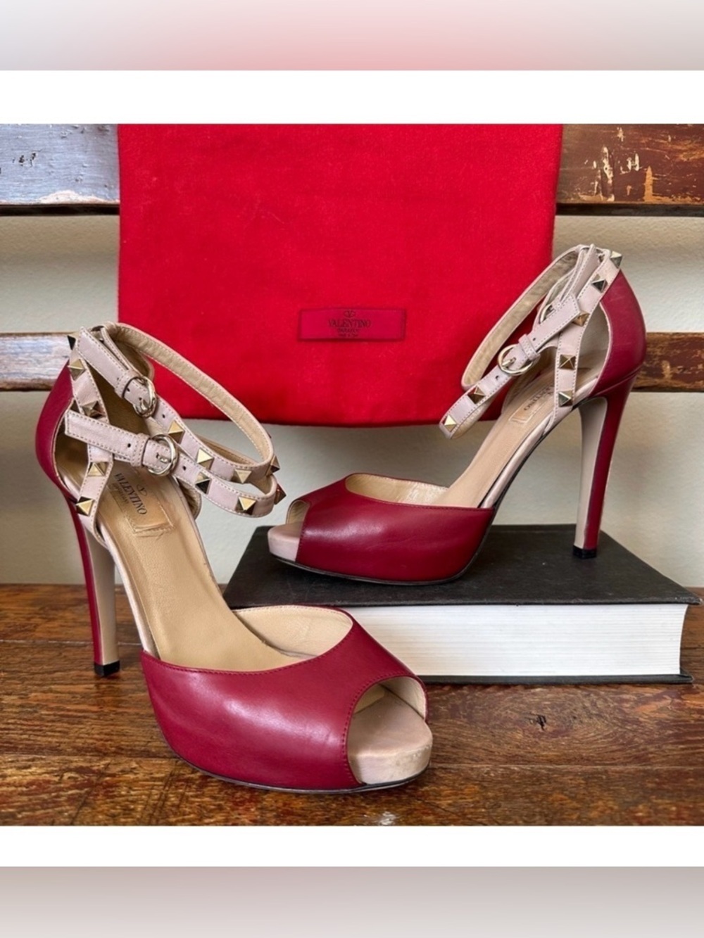 Valentino Rockstud Open Toe Pumps Heels Stiletto Ankle Straps Red Leather